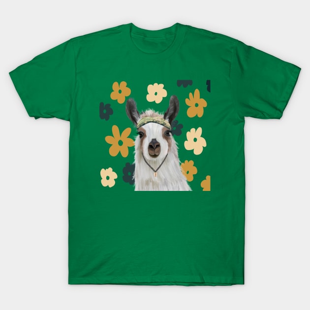 Boho Llama on Retro Green Flowers T-Shirt by Suneldesigns